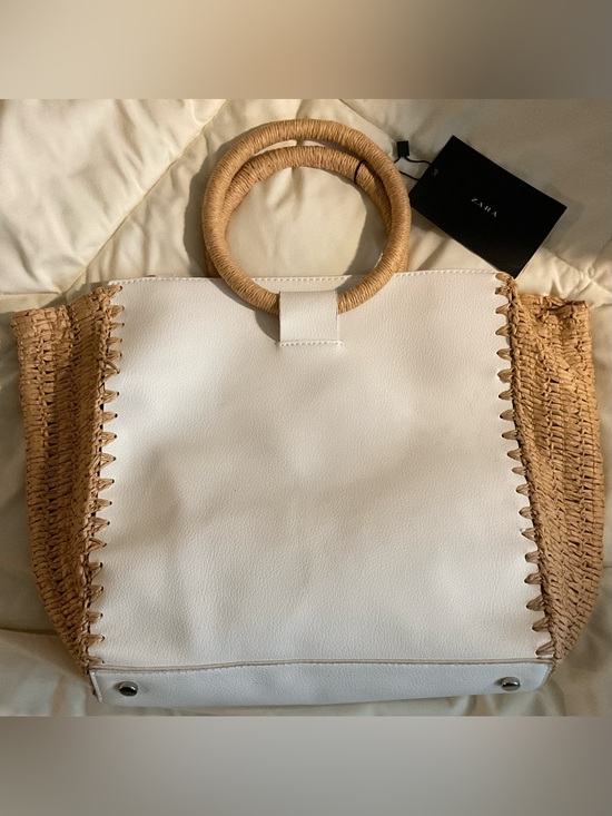 Zara Handbags - NWT Zara Cream Tote with Tan Woven Round Handles
